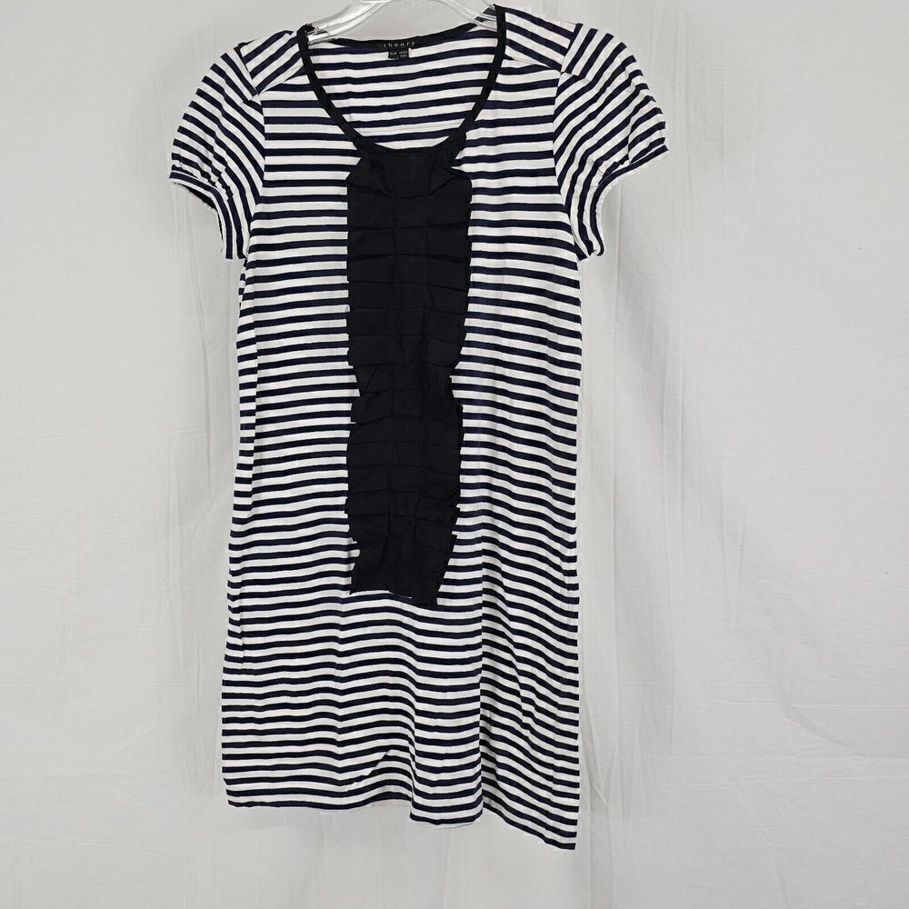 Theory Striped Blue White Cotton Blend T-shirt Dress with Silk Trim, Size Small
